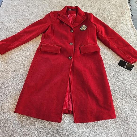 Lauren Ralph Lauren Long Red Wool Blend Button-Up Coat With Crest Patch Size 8 - Picture 13 of 16